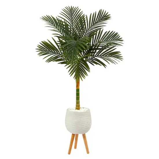 5ft. Golden Cane Artificial Palm Tree in White Planter with Stand {1}