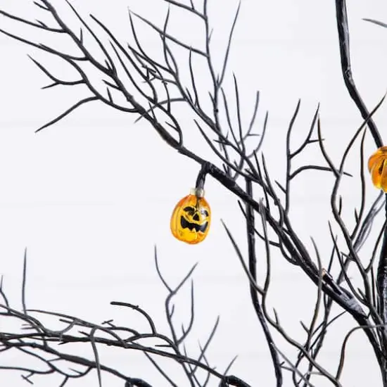 4ft. Pre-Lit Artificial Halloween Black Twig Tree with 24 Orange LED Pumpkin Shaped Lights {5}