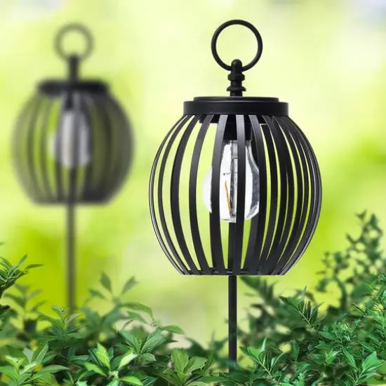 Glitzhome&reg; 32.25" Black Metal Stripes Solar Powered Outdoor Lantern {8}
