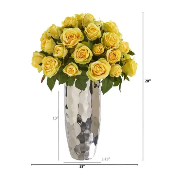 20" Rose Artificial Arrangement in Silver Vase Yellow {3}