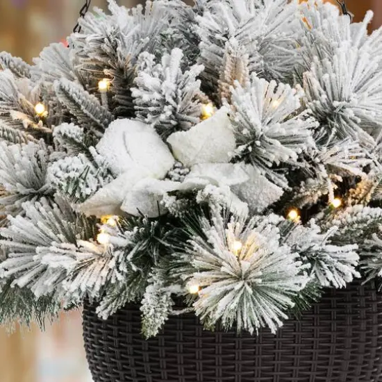 Glitzhome&reg; 24'' Pre-Lit Snow Flocked Christmas Artificial Pine Poinsettia Hanging Baskets, 2ct. {7}