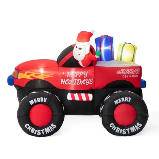 Glitzhome&reg; 7ft. LED Lighted Santa Claus Pickup Truck Inflatable D&eacute;cor {5}