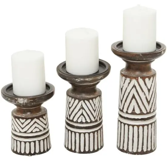 White Mango Wood Tribal Pillar Candle Holder Set {1}