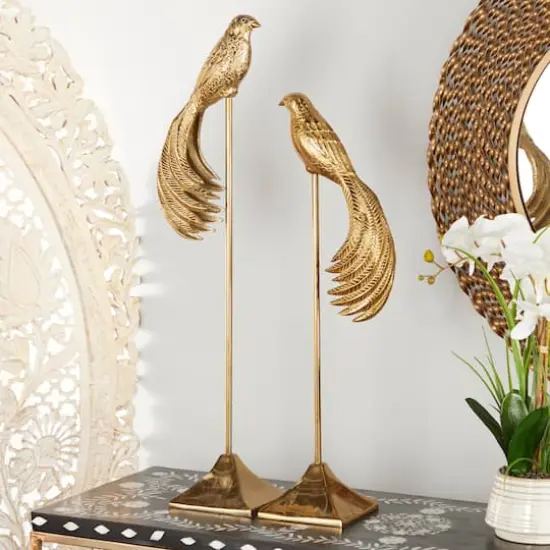 Set of 2 Gold Aluminum Eclectic Bird Sculpture, 32", 27" {7}