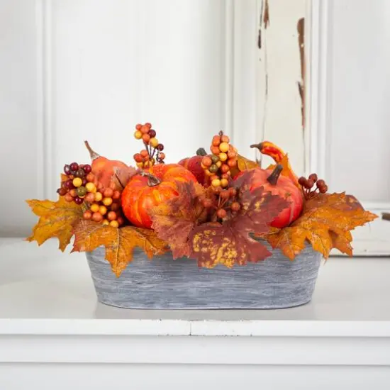 12" Pumpkin & Berries Autumn Harvest Arrangement In Washed Vase {5}