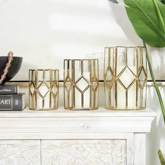 CosmoLiving by Cosmopolitan Gold Line & Diamond Hexagon Candle Lantern Set {3}