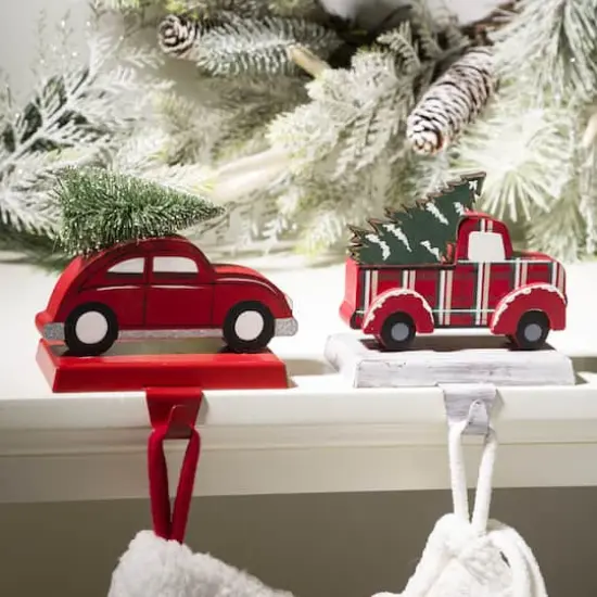 Glitzhome® Wooden & Metal Red Car & Truck Stocking Holder Set {3}