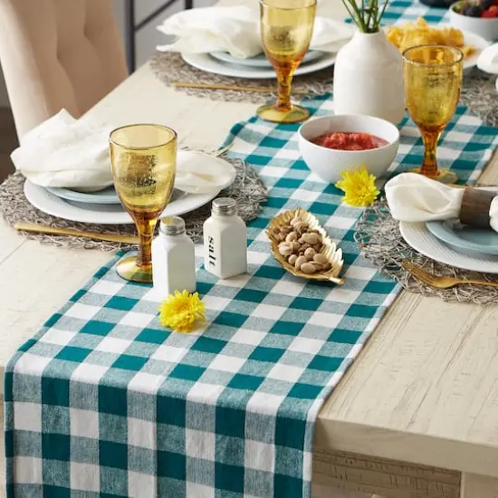 DII&reg; 108" Heavyweight Check Fringed Table Runner Teal {7}