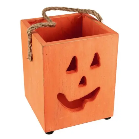 6" Orange Wood Jack-O-Lantern Halloween Candle Lantern {4}