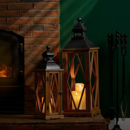 Glitzhome&reg; Farmhouse Antique Diamond Wood & Metal Lanterns Set {7}