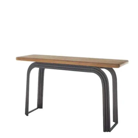 55" Black Metal Layered Arch Living Room Console Table with Brown Tabletop {9}