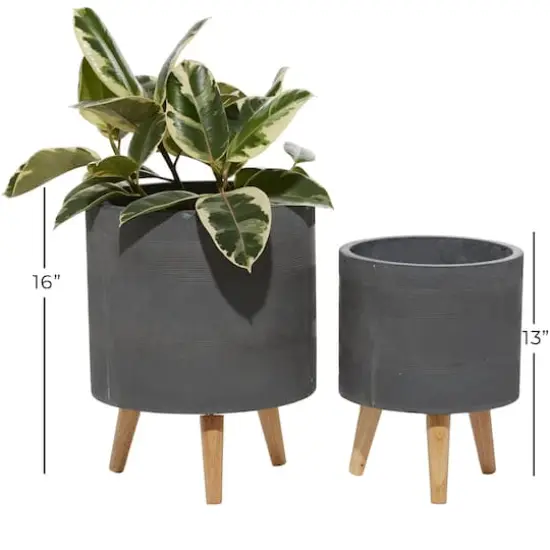 Set of 2 Grey Polystone Contemporary Planter, 13" 16" {5}