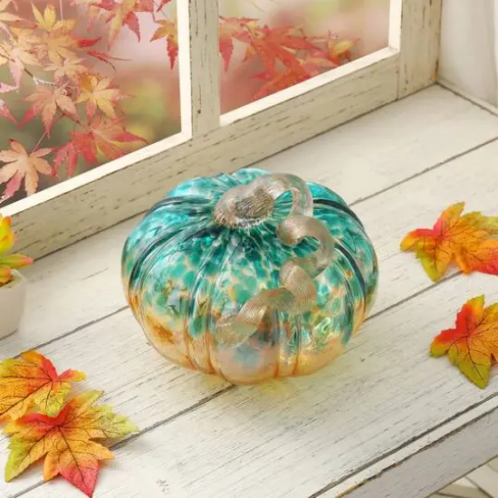 Glitzhome&reg; Small Glitter Glass Pumpkin, Blue & Gold {10}