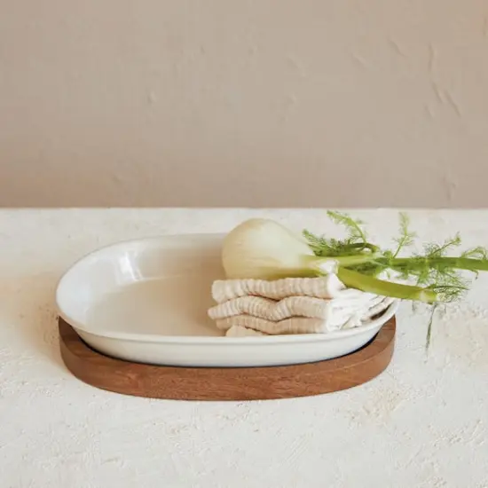 Hello Honey&reg; 13" Cream Stoneware Serving Dish with Natural Mango Wood Base {3}