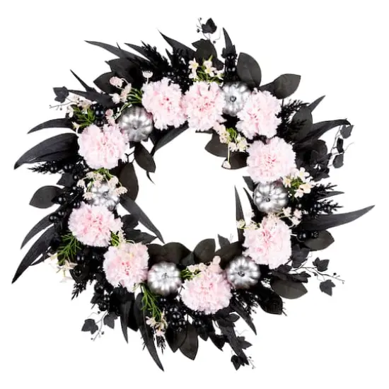 26" Pretty Morbid Pink Carnation Halloween Wreath {1}