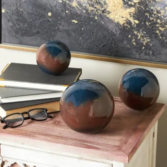 Blue with Brown Stripe Abstract Brushed Decorative Orbs & Vase Filler Set {16}