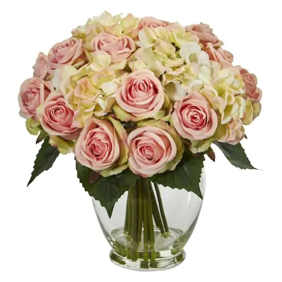 12" Pink & White Rose & Hydrangea Bouquet Arrangement in Glass Vase {1}