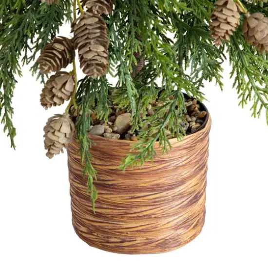 2ft. Artificial Down Swept Cedar Christmas Tree with Pinecones in Rustic Decorative Planter {7}
