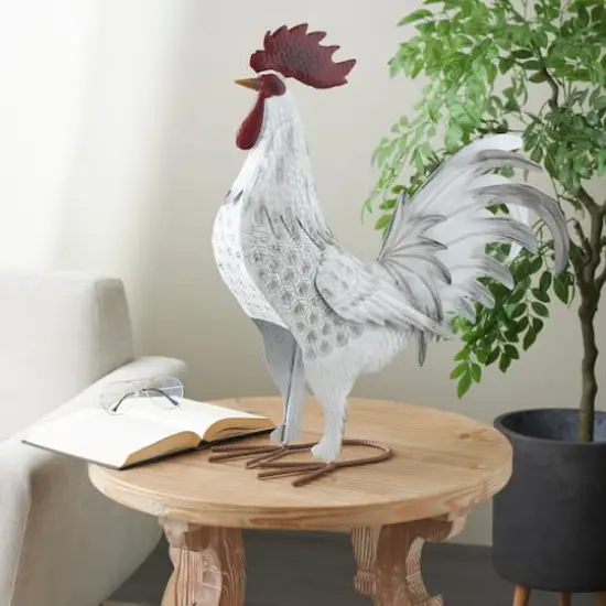 17.5" White Metal Rooster Garden Sculpture {3}