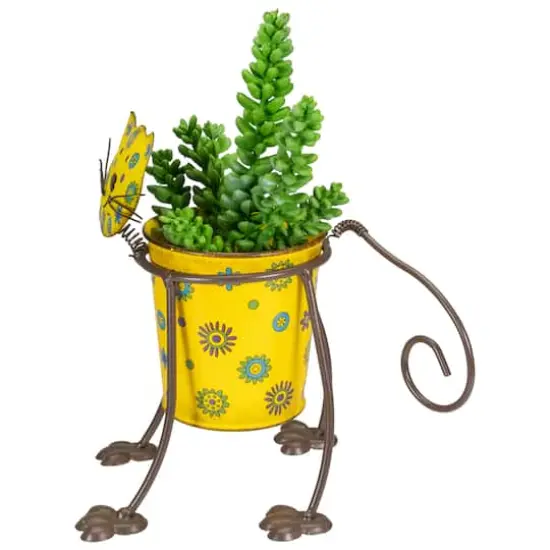 9" Yellow Floral Metal Cat Garden Planter {5}