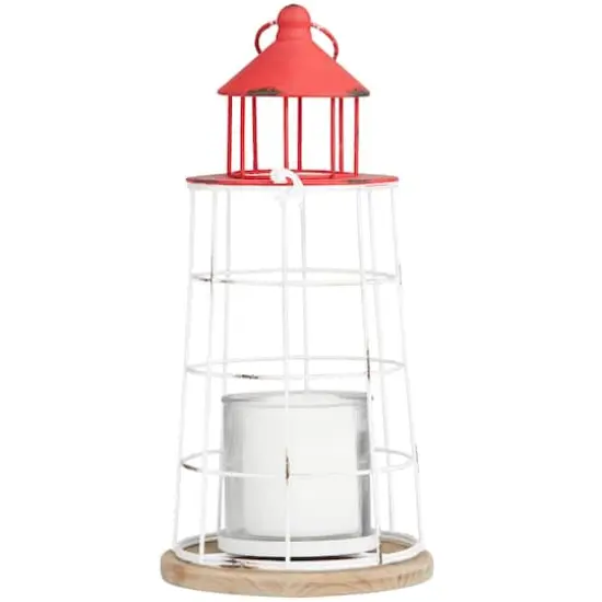 15" Red Metal Distressed Decorative Light House Candle Lantern {1}