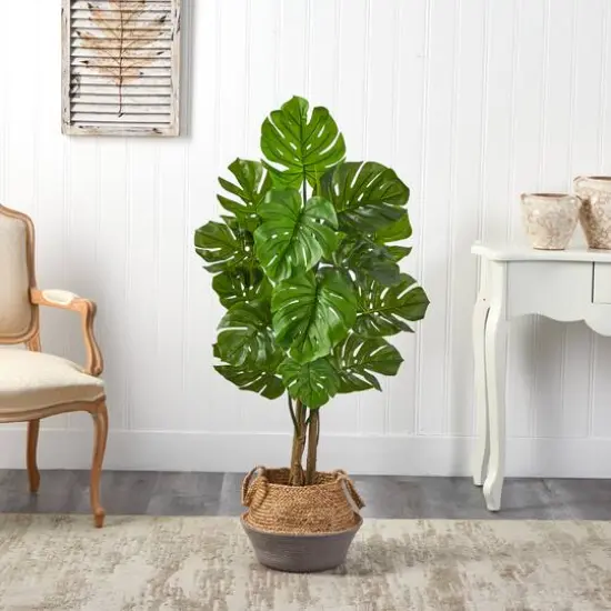 4ft. Monstera Artificial Tree in Boho Chic Handmade Cotton & Jute Gray Woven Planter UV Resistant (Indoor/Outdoor) {4}