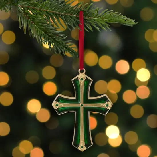 3.5" Green & Gold Layering Effect with Crystals Cross Ornament {5}