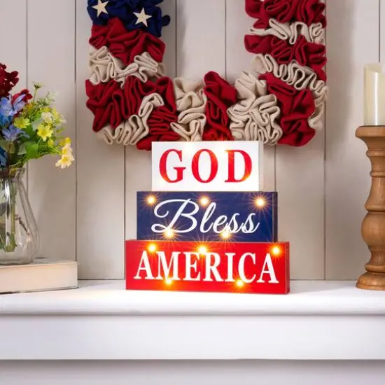 Glitzhome&reg; 12" LED Wooden Patriotic Block Sign {3}