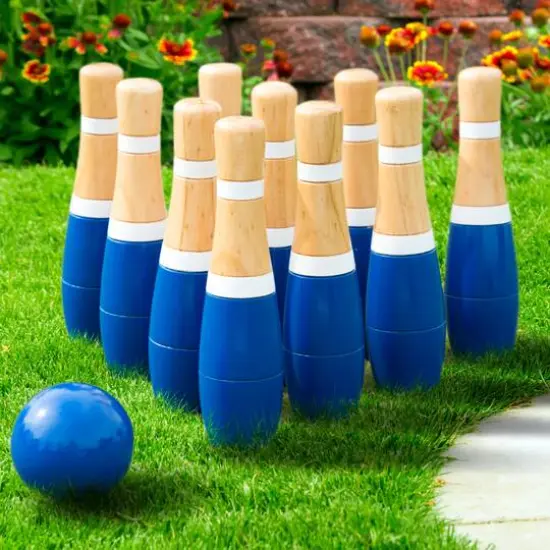 Toy Time Blue Indoor & Outdoor Wooden Bowling Game Set {3}