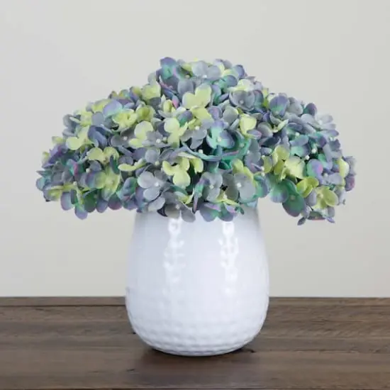 11" Blue Hydrangea Arrangement in White Metal Vase {5}