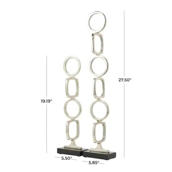 Aluminum Abstract Stacked Geometric Rings Sculpture with Marble Base Set Silver {4}