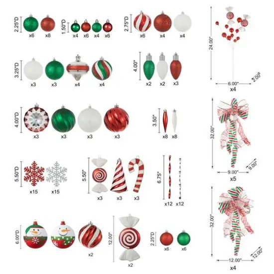 Glitzhome® Whimsical Red & Green Shatterproof Ornaments, Candy Picks & Ribbon Bow Set {6}
