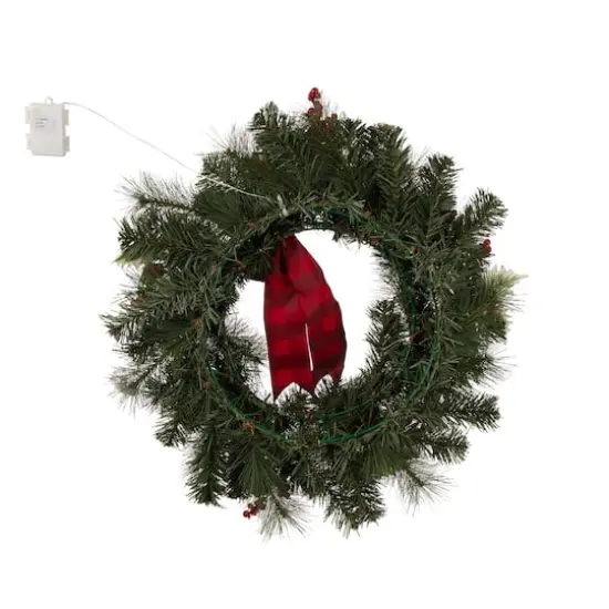 Glitzhome 24" Pre-Lit Buffalo Check Bow, Berry, Holly & Pinecone LED Wreath {8}