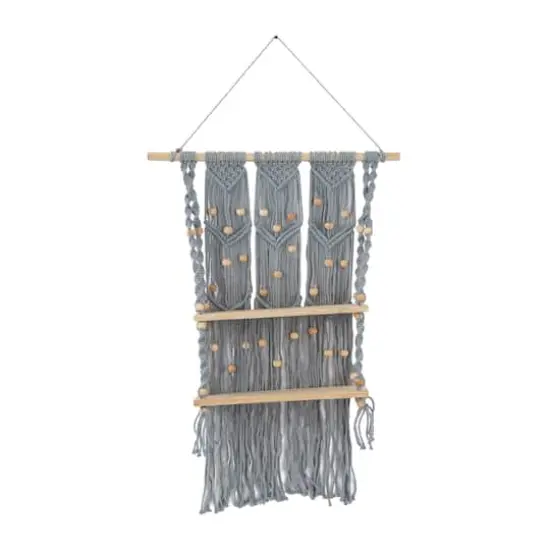 Gray Cotton Handmade 2 Shelves Macrame Wall Shelf 25" x 6" x 47" {1}
