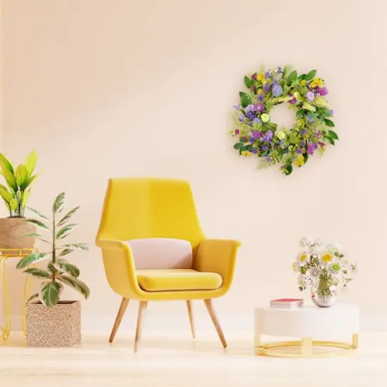 24" Purple & Yellow Spring Echinops & Chrysanthemum Floral Wreath {5}