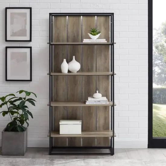 Walker Edison 64" Graywash & Black Metal Farmhouse Plank Back Bookshelf {9}