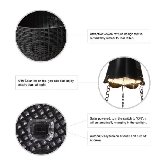 Glitzhome&reg; 30" Solar Lighted Black Plastic Hanging Planter {8}