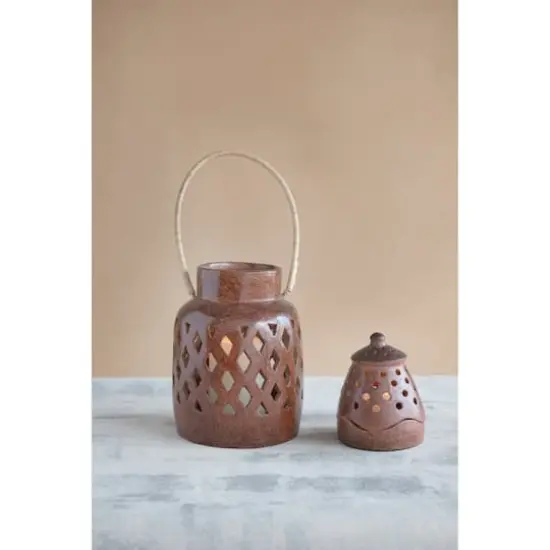 Handmade Reactive Glaze Terra-cotta Lantern With Cut-Outs & Rattan Wrapped Handle {3}