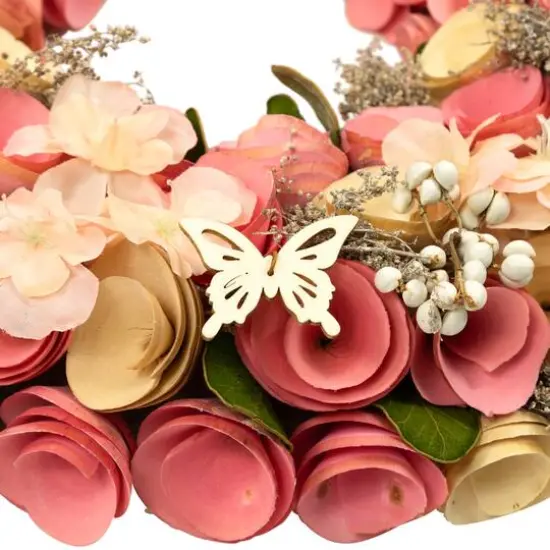 12.5" Pink Wooden Artificial Floral & Berries Spring Wreath {5}