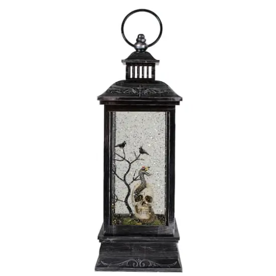 11" Black & Brushed Silver LED Skull Head Halloween Snow Globe Lantern {1}