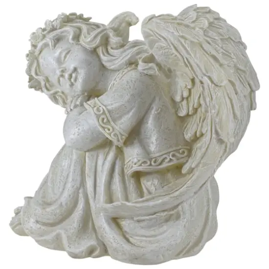 8.5" Ivory Resting Angel with Floral Crown Outdoor Garden Statue {6}