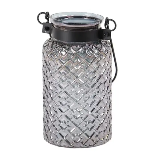 12" Black Glass Textured Candle Lantern {4}