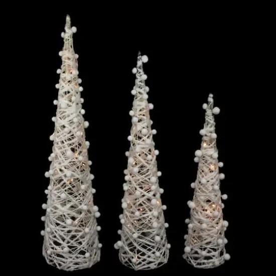 23.5", 31.25", & 39.25" Pre-Lit White & Silver Cone Artificial Christmas Tree Set, Clear LED Lights {5}