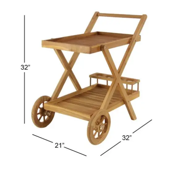 Brown Teak wood Traditional Outdoor Rolling Serving Cart, 32" x 32" x 21" {10}