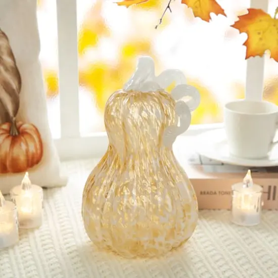 Glitzhome&reg; 8.5" Fall Amber Dots Glass Gourd {3}