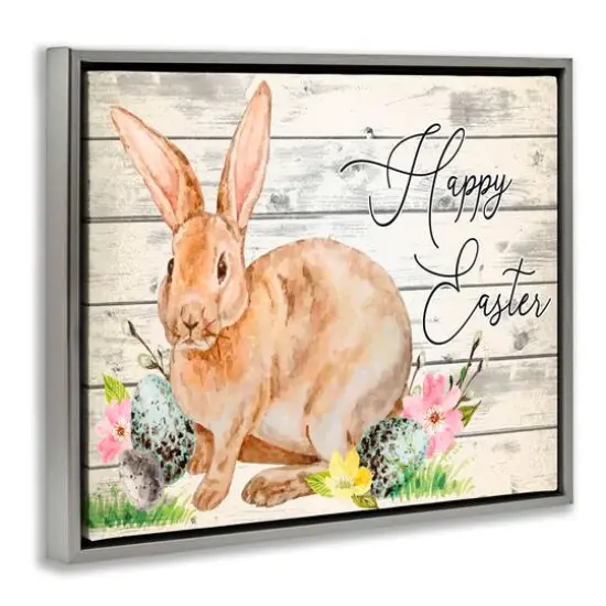 Stupell Industries Spring Floral Happy Easter Bunny Floater Framed Art Gray {4}