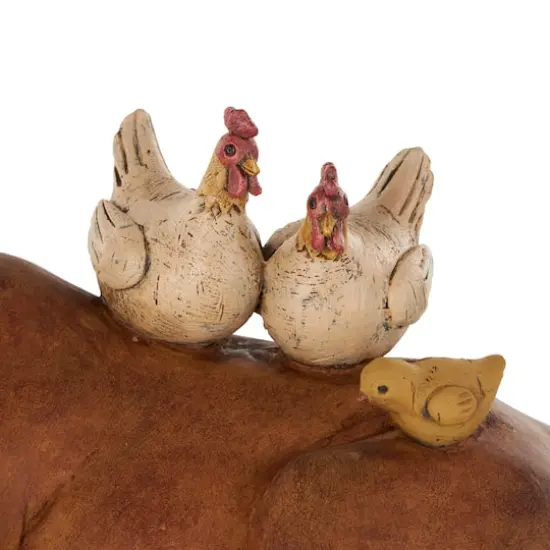 11.5" Copper Cow Decorative Sculpture with Sitting Roosters & Chicks {5}
