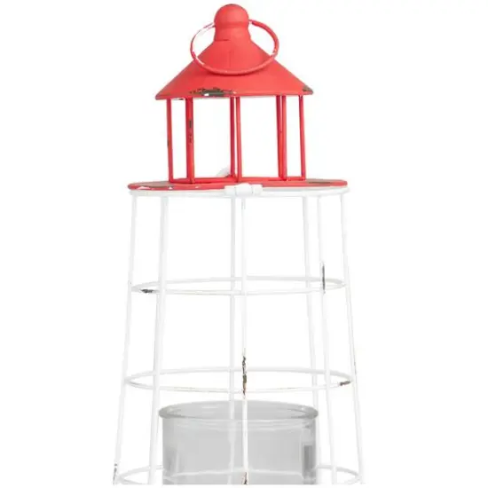 15" Red Metal Distressed Decorative Light House Candle Lantern {6}