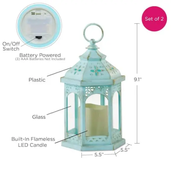 LED Blue Hexagon Distressed Lantern Set {8}