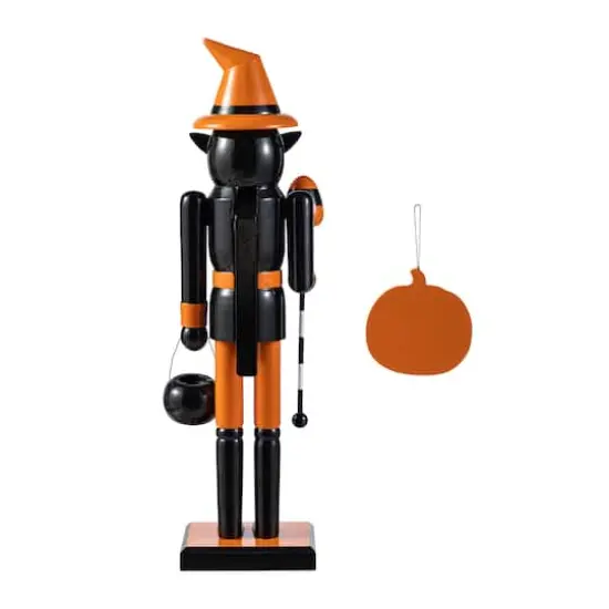 Glitzhome&reg; 18.5"H Halloween Wooden Black Cat Nutcracker with Pumpkin Ornament {8}